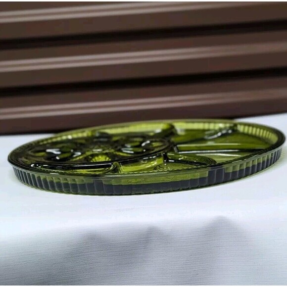 Vintage MCM Indiana Glass Tree of Life Green Deviled Egg & Relish Platter 13” - Picture 7 of 9